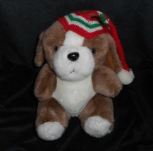 10" Vintage Enesco Christmas Baby Brown White Puppy Dog Stuffed Animal Plush Toy - $28.05