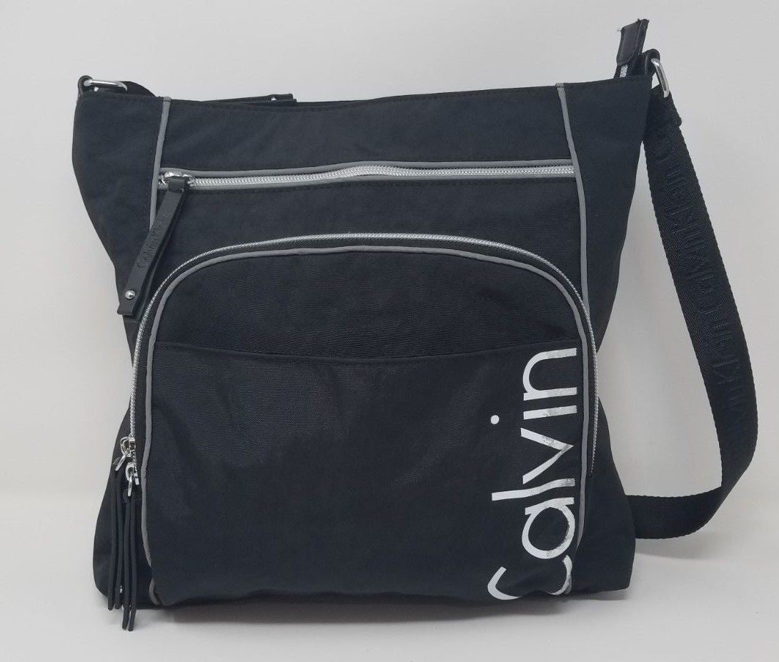 New Calvin Klein Athleisure Nylon Messenger Crossbody Black Silver