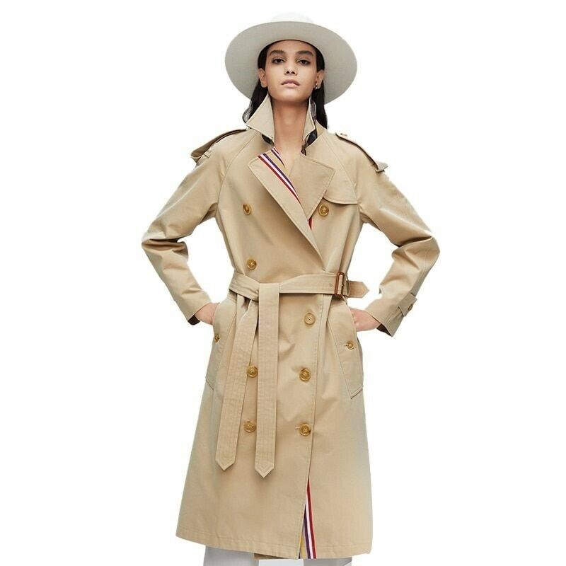 Women Long Coat Belt Khaki High Quality Cotton A-Line Trench Casual ...