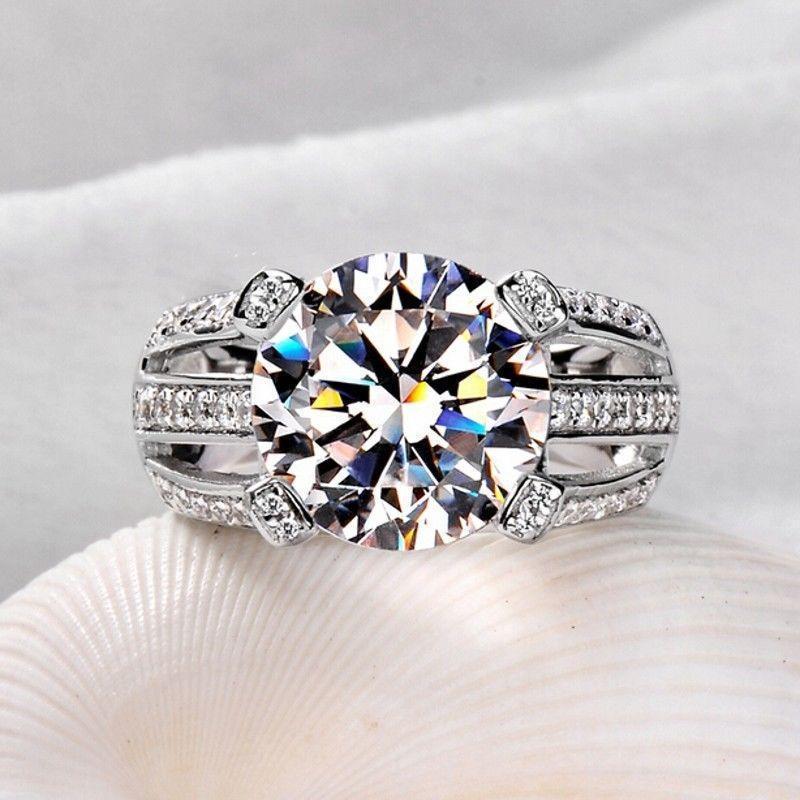 Round Shape Lab-Created Diamond 14k White Gold Finish Engagement Ring 925 Silver