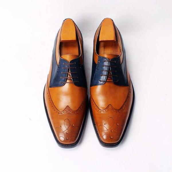 Handmade Men's Casual Shoes, Men's Tan & Blue Leather WingTip Lace Up Casual Sho
