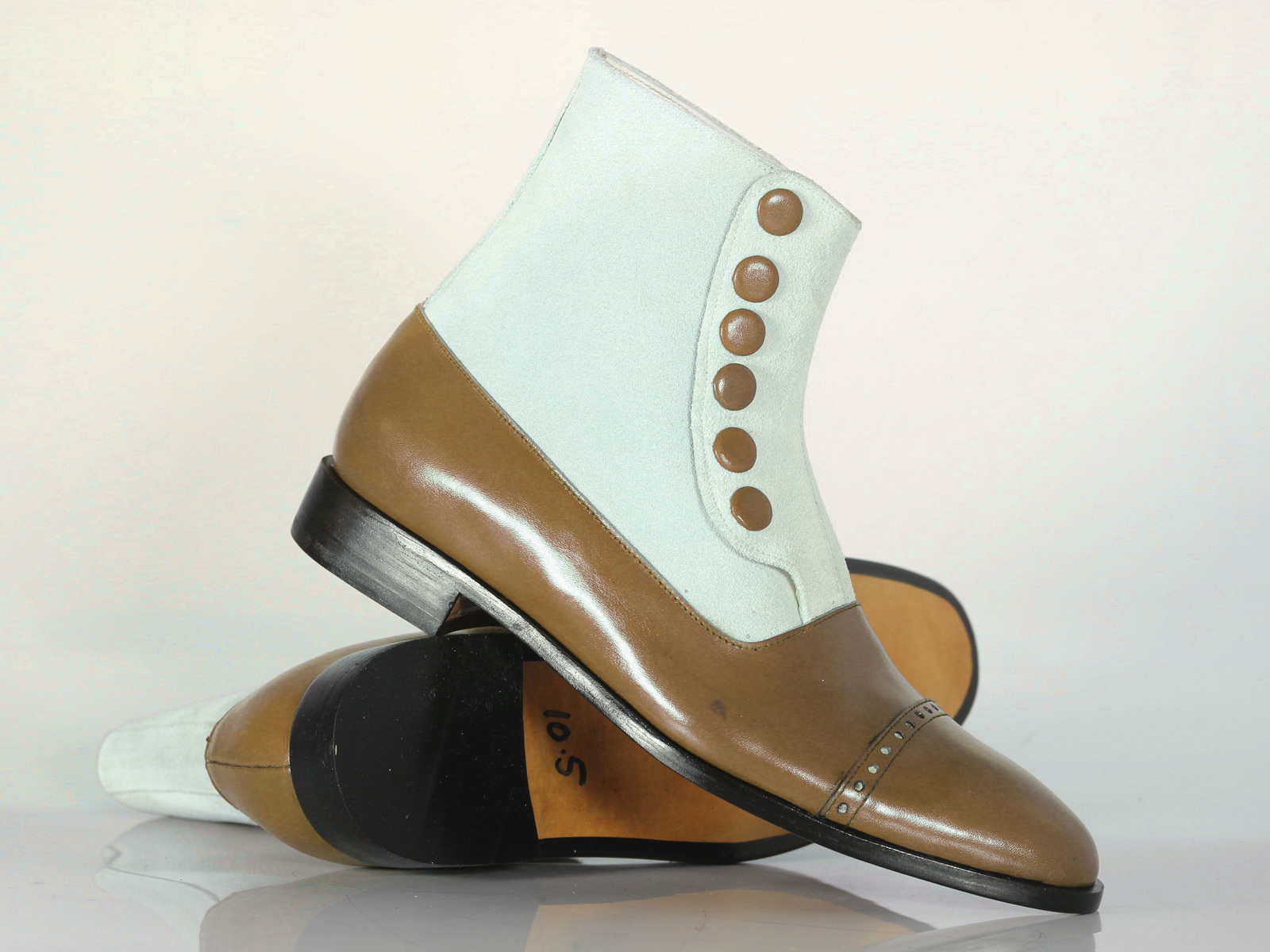 Handmade Men White Brown Cap Toe Leather Suede Button Boots, Men Designer Boots