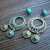 Aztec Chandelier Earrings Gold Tone Turquoise Patina Gypsy Boho Jewelry Blue - $6.00