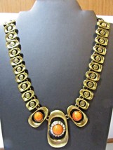 Darkened Gold Tone Orange And Crystal Accent Chain Link Necklace Modern Fashion - $15.00