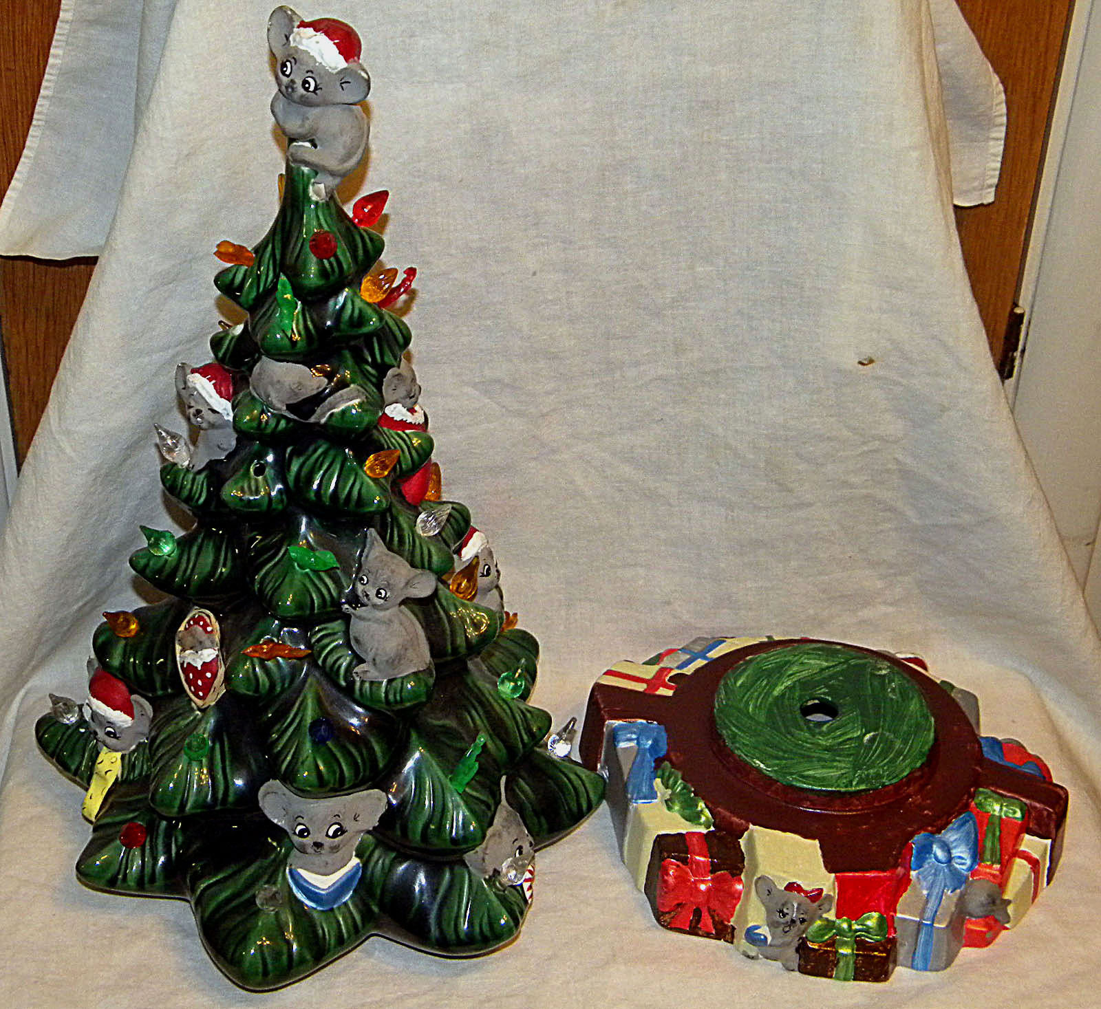 Vintage Lighted Ceramic Christmas Tree With Mice and presents around