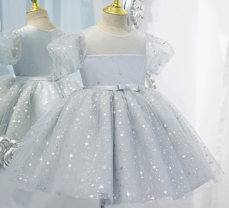 New light gray elegant sparkly short sleeve toddler baby girl princess dress