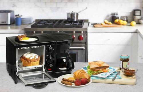 Black 3 in 1 Mini Breakfast Station Coffee Maker Toaster Oven Griddle