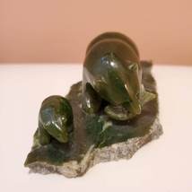 Nephrite Jade Sculpture, Bear with Fish and Cub on Slab Base, Green Stone Animal image 4