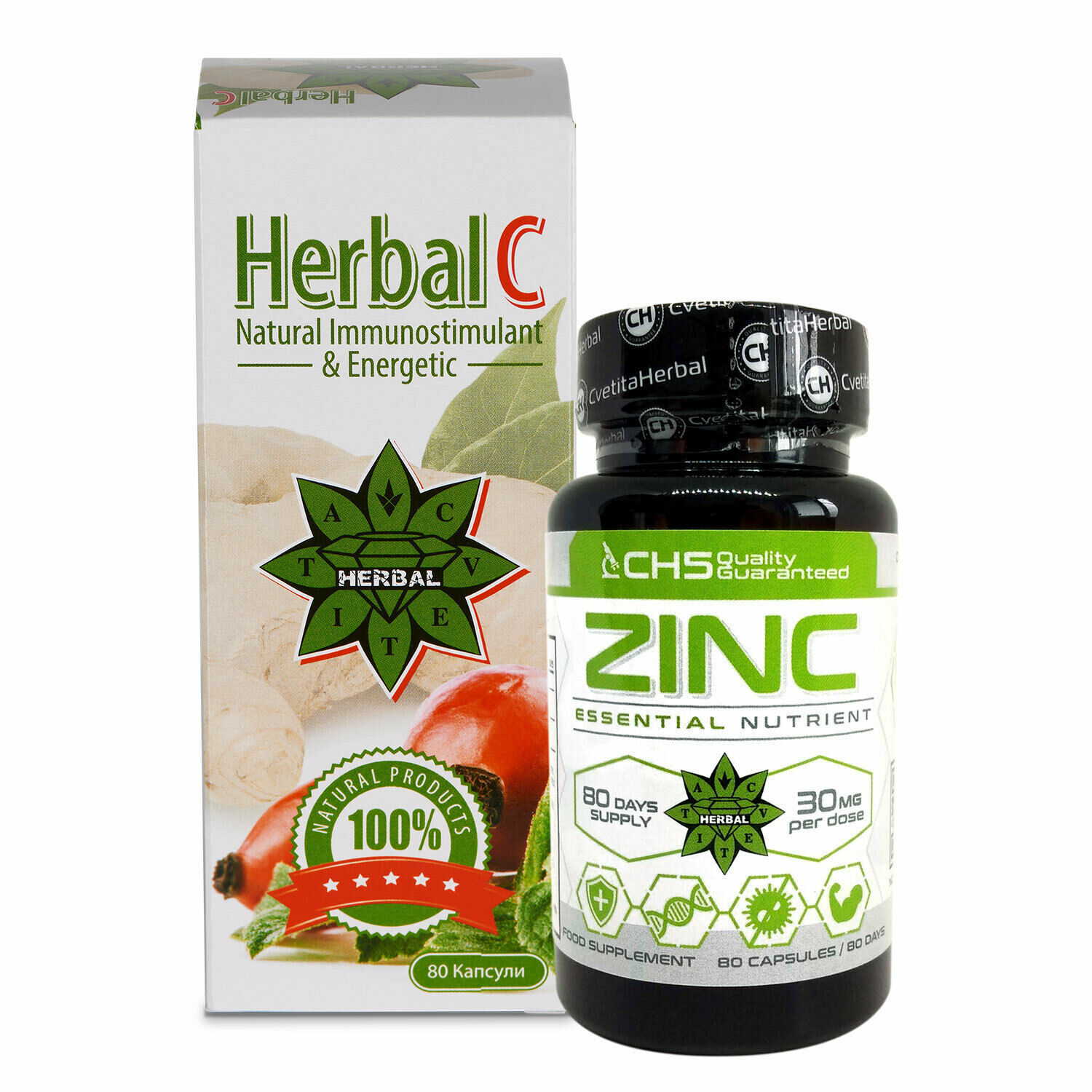 Zinc Citrate + Herbal C Vitamin C + Ginger Root Immune System Colds Flu Skin Other Vitamins