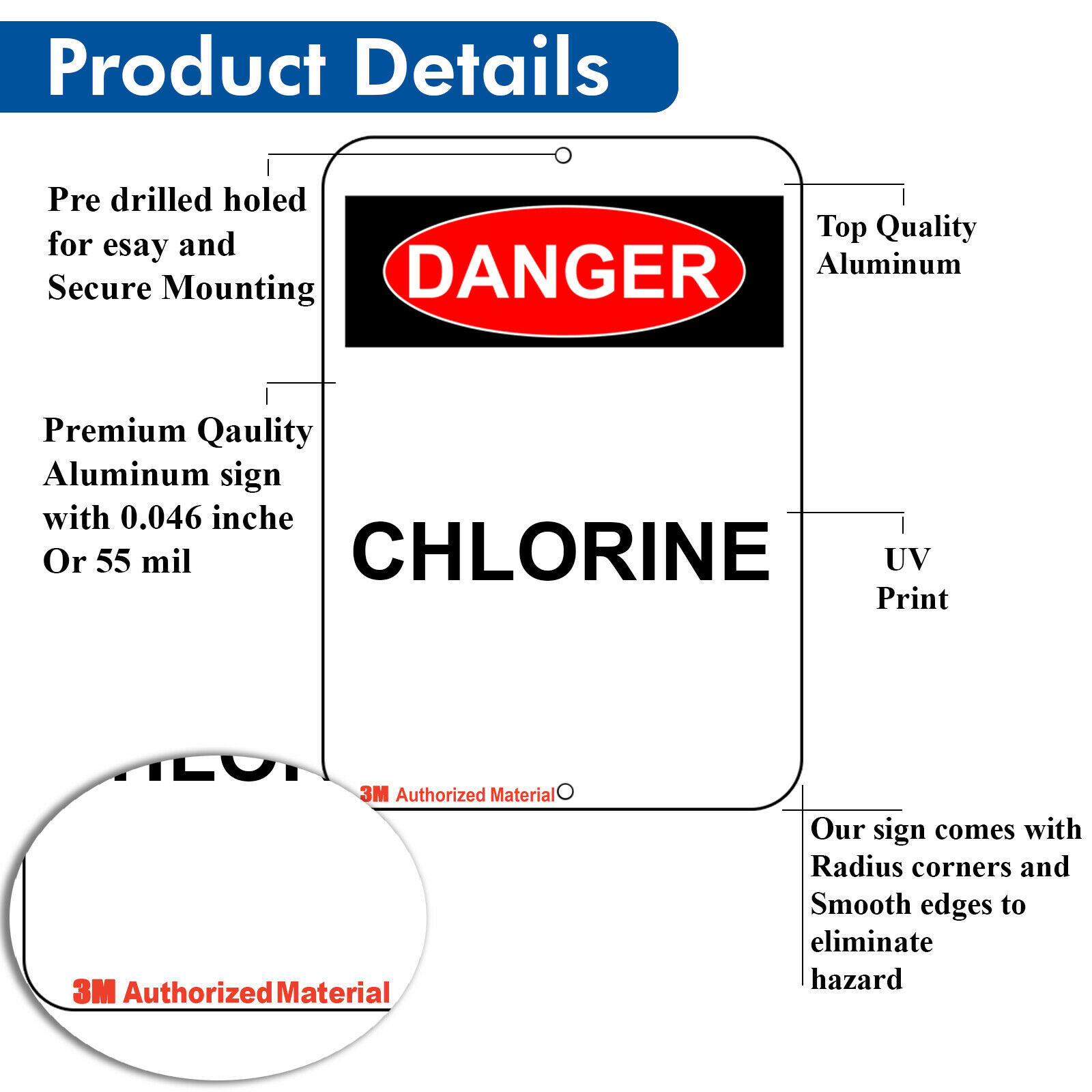 Danger Chlorine Sign, Aluminum Metal Health & Safety Dangerous Warning