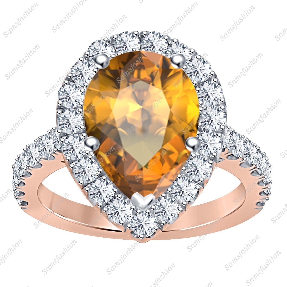 Pear Cut Citrine & Dia 14k Rose Gold Over 925 Sterling Silver Promise Halo Ring