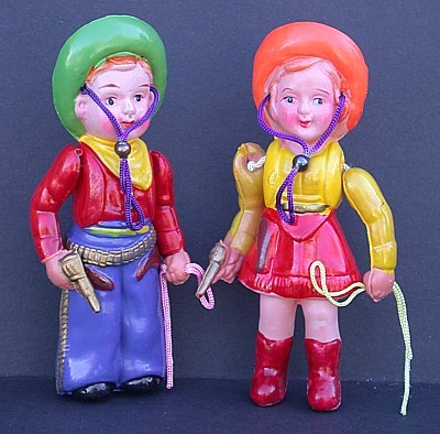 Primary image for Celluloid Dolls 1950s Vintage Set Cowboy Cowgirl Toys NOS Unused Carnival Prizes