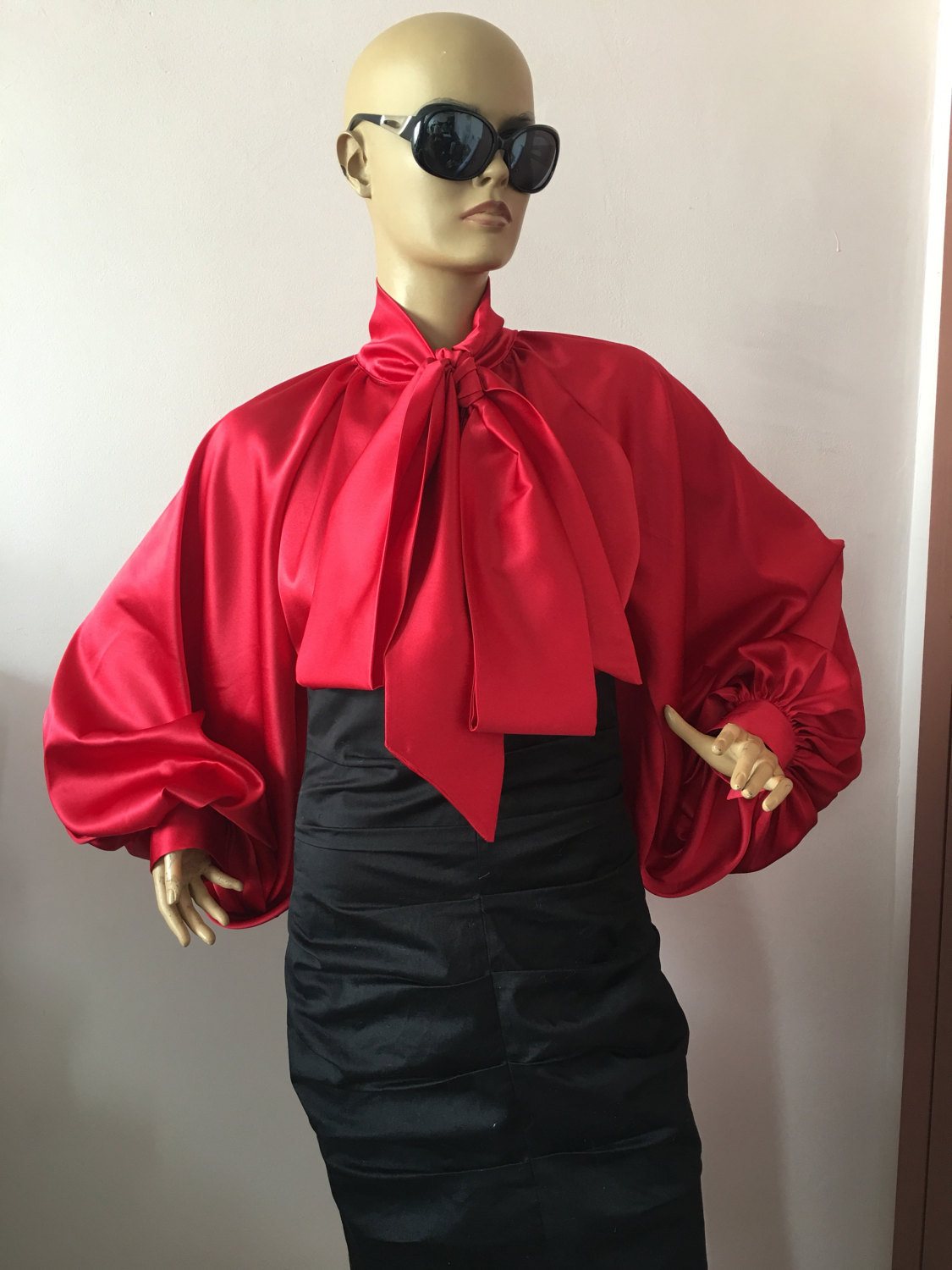 Image of Formal Womens silk blouse/ Red cocktail satin blouse/Satin Bow Blouse, Shirt