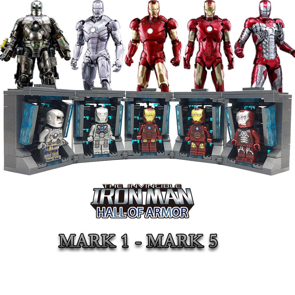 Marvel Avengers Superhero Iron man MK1 To MK5+Hall of Armor Minifgures Brick Toy