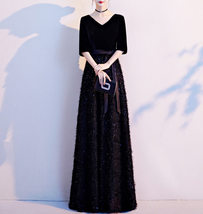Women Half Sleeve Velvet Maxi Dress High Waist Formal Dress, Black, Plus Size image 2
