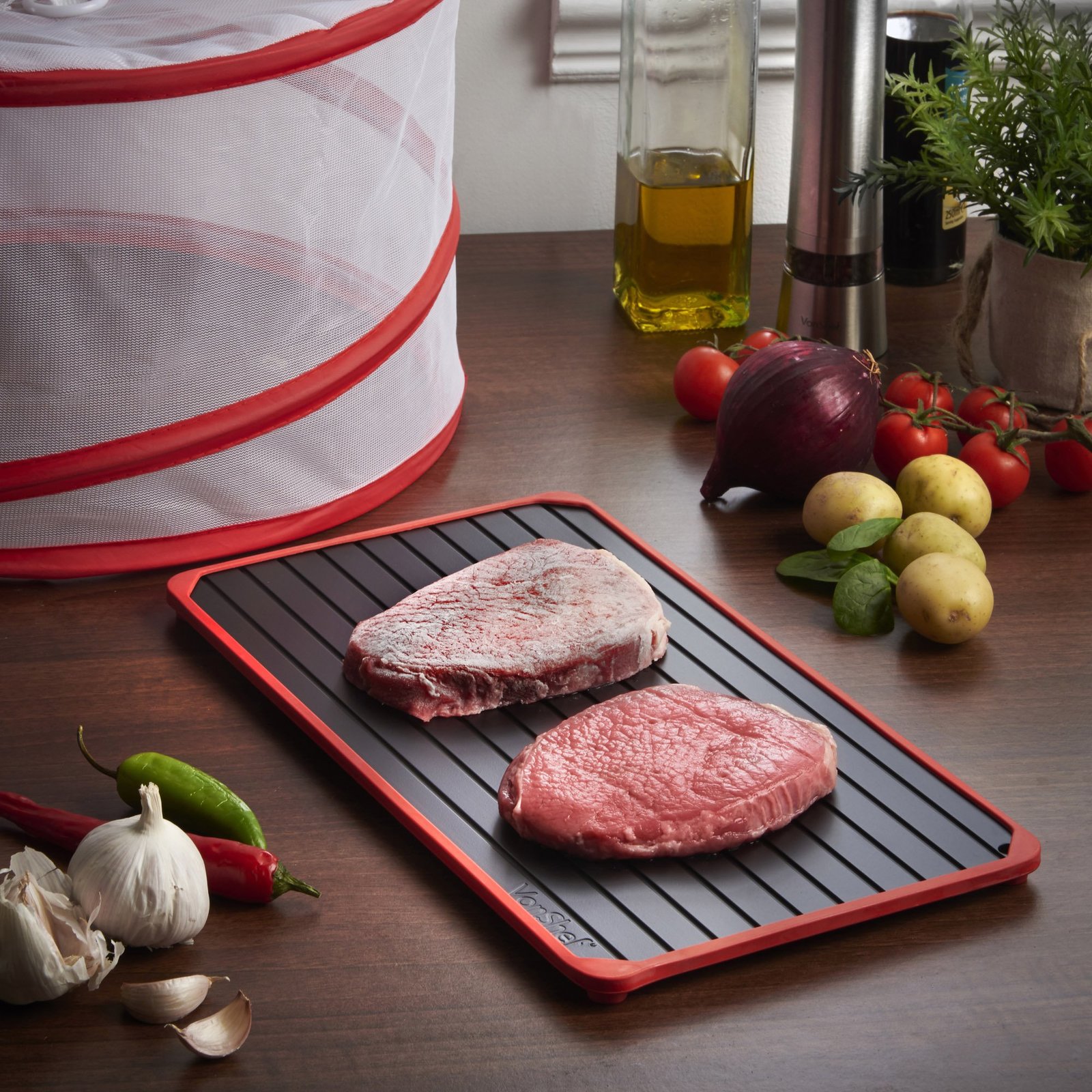 VonShef Defrosting Tray with Red Silicone Border Thaws Frozen Food