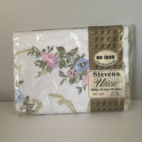 VINTAGE STEVENS UTICA percale full sized FLAT sheet NIP pink with flowers 