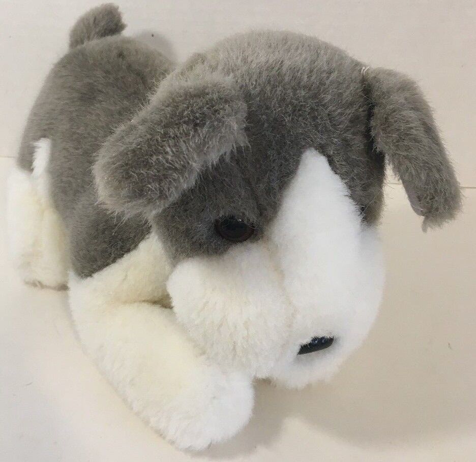 Prettique Design Puppy Dog plush white gray lying down stuffed animal ...