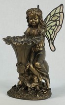Fairy with Fluted Flower Bird Feeder 11" High Bronzed Look Garden Poly Stone image 2