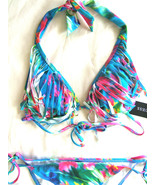 NWT Guess Designer Multi Watercolor Fringe Halter Bikini Sexy Swim Suit ... - $53.40