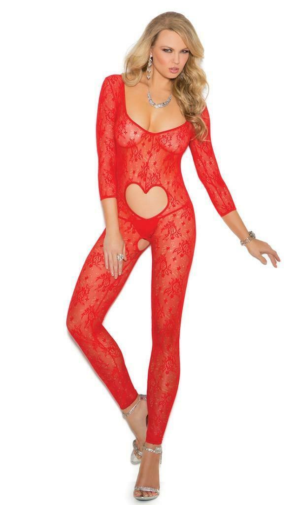 Heart Cut Out Bodystocking Long Sleeve Footless Lace Open Crotchless Deep V 1635
