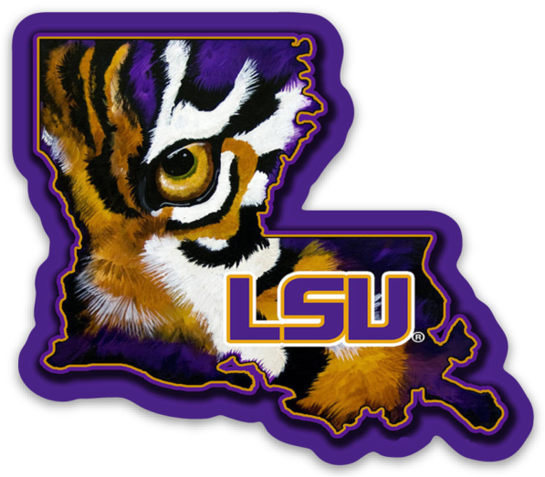 Lsu State Outline With Tiger Face Mascot And Logo Type Die Cut Sticker