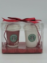 Starbucks 2006 To Go Cup Ornaments 2.5" Christmas Pair Holiday Red White Ceramic - $16.78