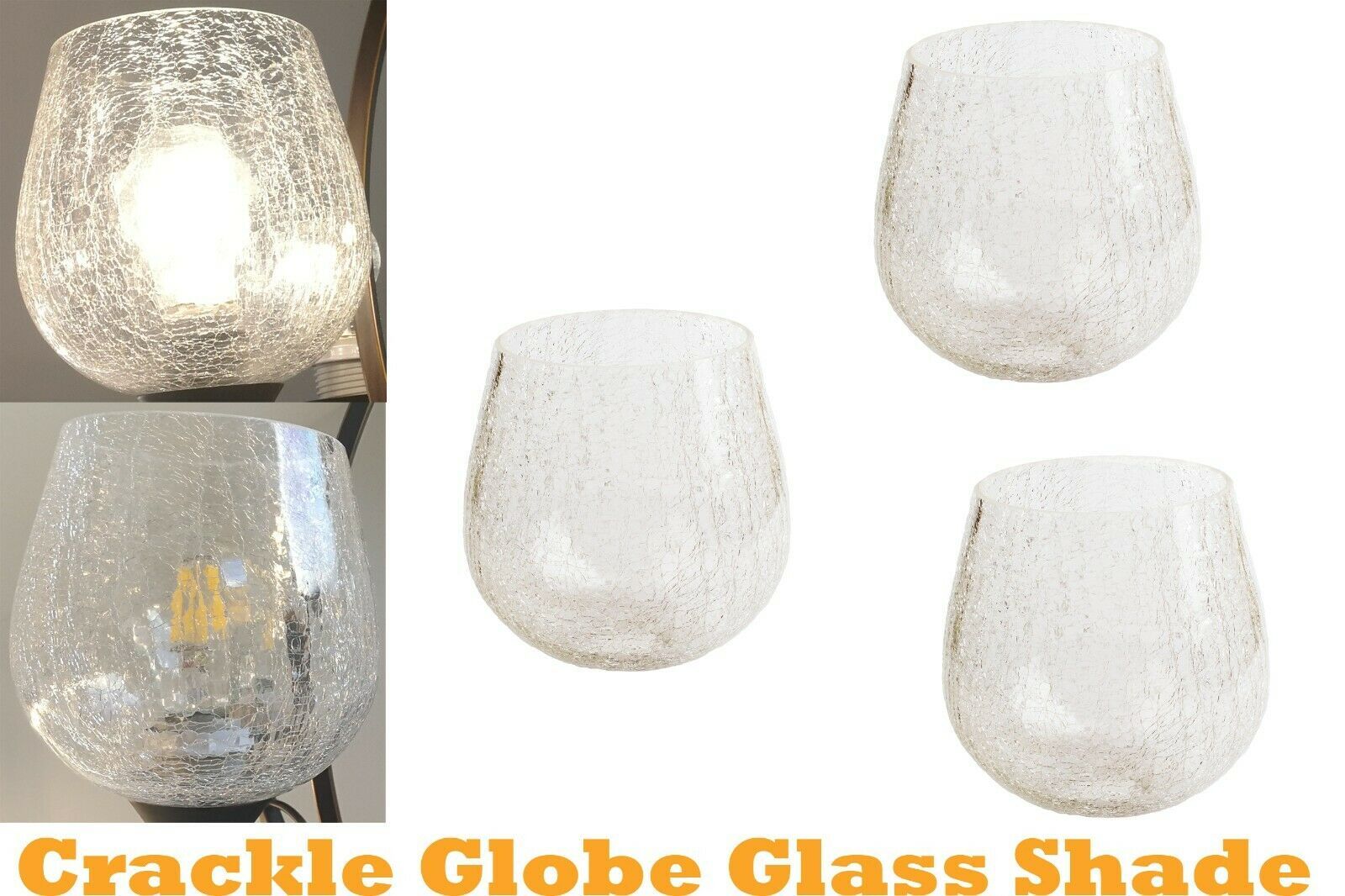 3 Pk Crackle Glass Clear Globe Shade for Light Fixture Pendant vanity Chandelier