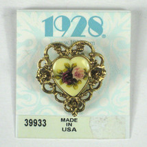 1928 Brooch Goldtone Signed Pin Vintage Heart Shaped Card USA Flowers - $29.69