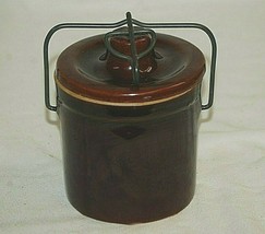 Vntage Brown Glazed Stoneware Butter Cheese Crock Wire Bail Latch Countr... - $21.77