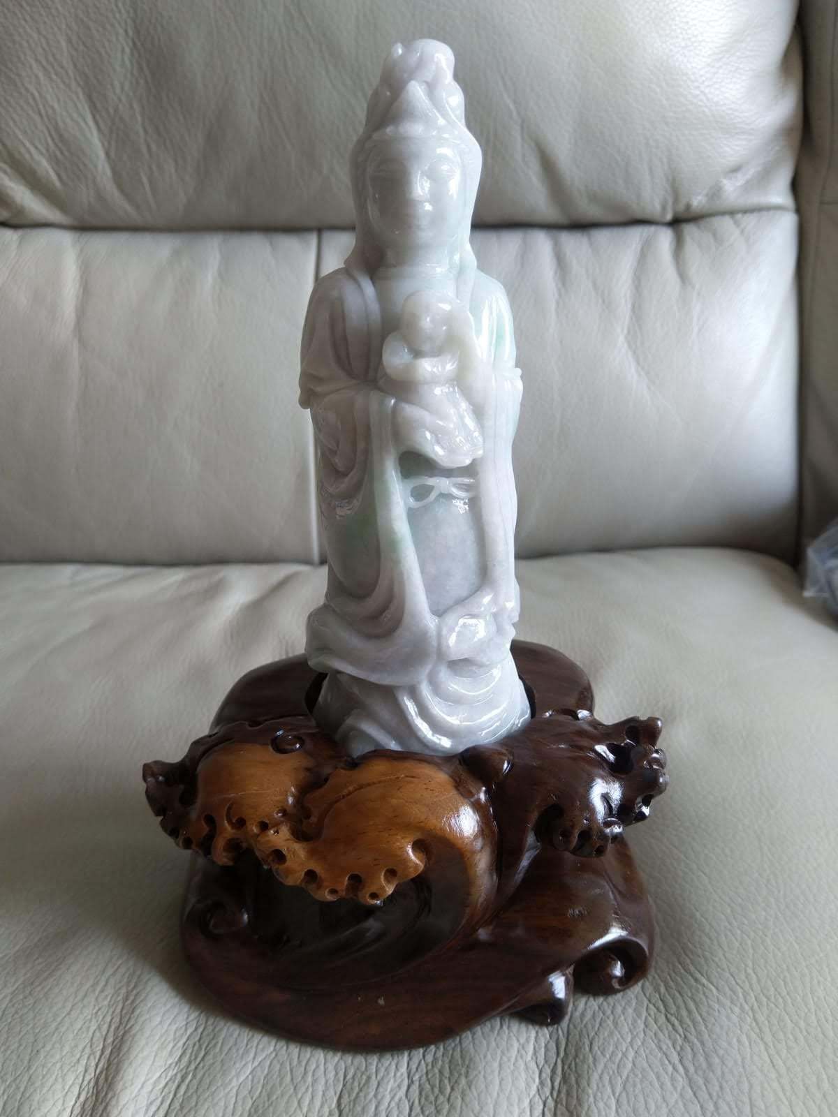 Jade Guan Yin Statue, Rare Chinese Jade Jadeite Carving of Guanyin and