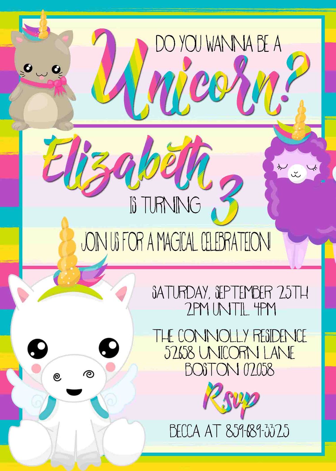 Cute Unicorn Birthday Invitation Rainbow And 50 Similar Items