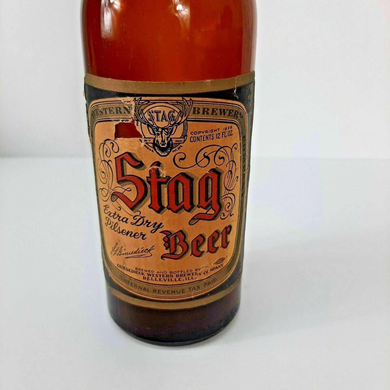 VTG Stag Beer Bottle With Paper Label Empty Brown Glass Extra Dry