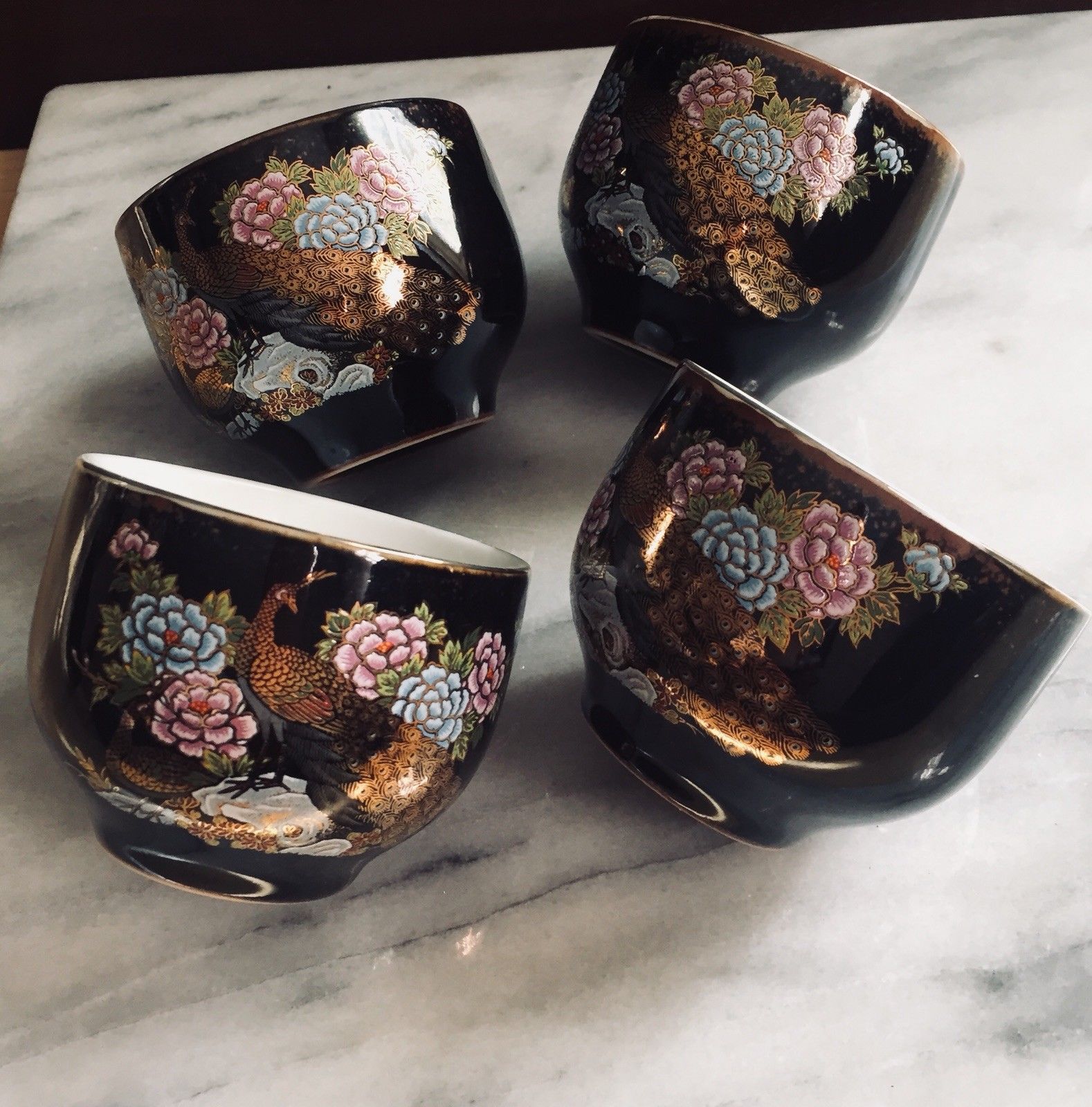 Vintage Asian Tea Set Sake Cups Lot Of 4 Porcelain Floral Black Gold