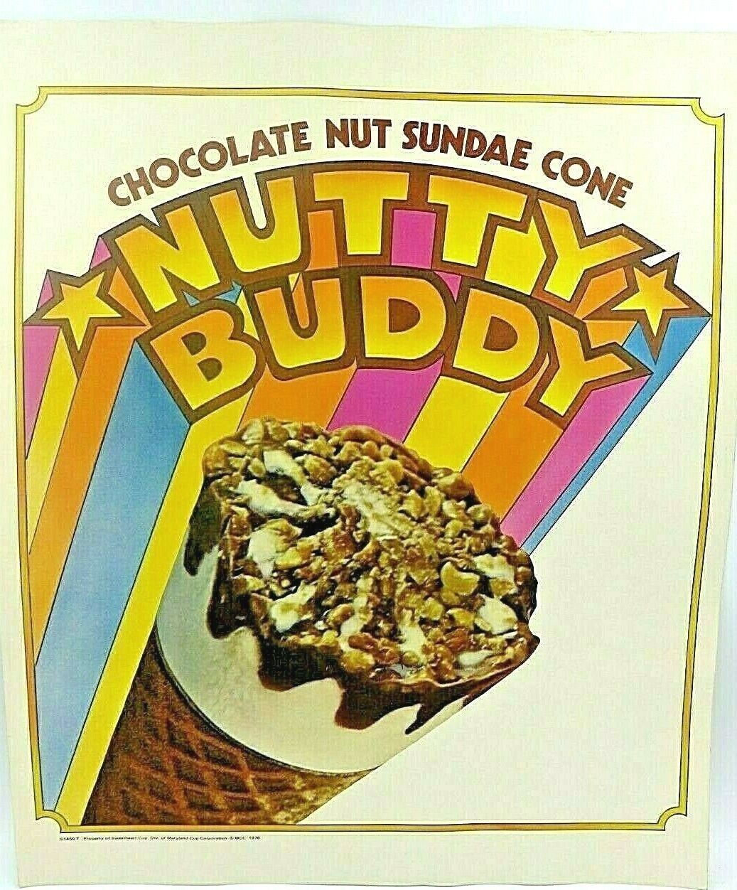 Vintage Nutty Buddy Sundae Cone Advertising Poster 1976 - 15 x 18