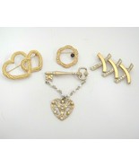Vintage Lot of 4 Gold Tone Brooches Hearts Key Wreath Rhinestones Unmarked - $13.16