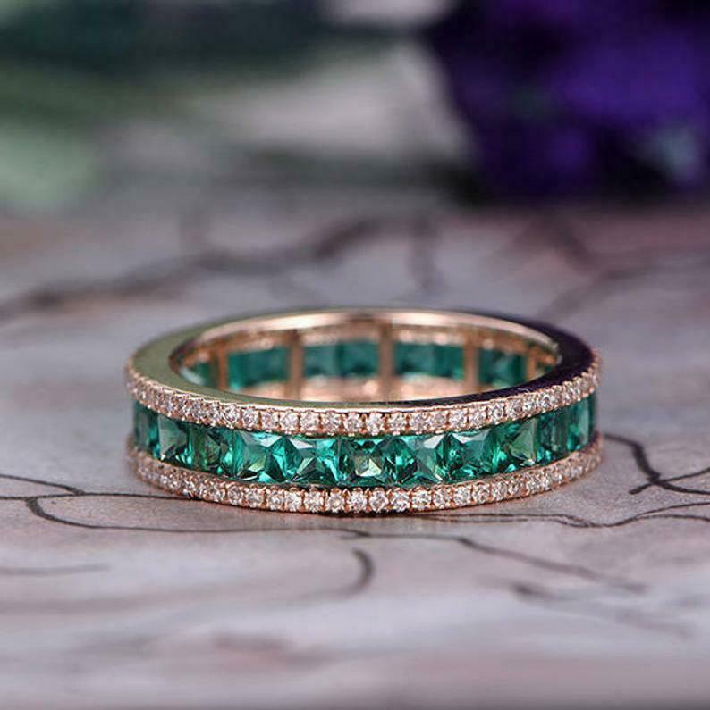 2Ct Princess Cut Green Emerald Full Eternity Wedding Band 14K Yellow ...