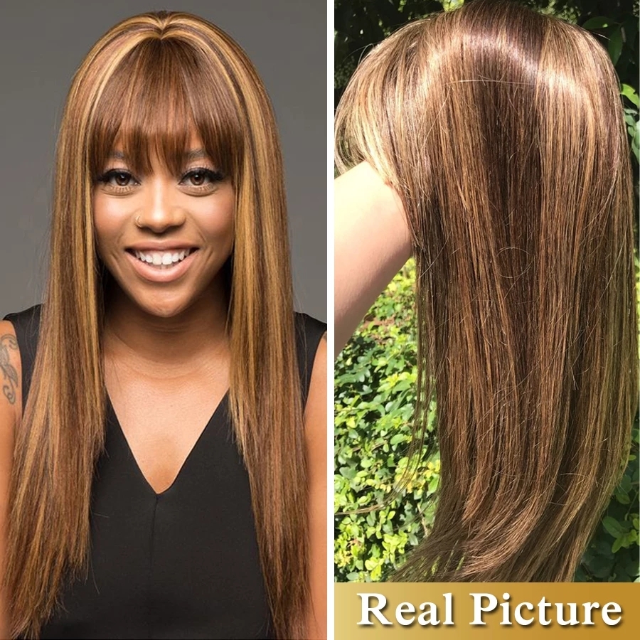 Ombre Human Hair Wig P4-27 Colored Straight Human Hair Wig With Bangs. Brazilian
