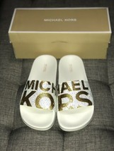 New Michael Kors Gilmore Slide Printed Knit Mk Hot Fix Stones White 8M Nib - $69.99