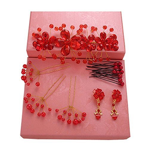 Handmade Red Wedding Bridal Jewelry Hair Style Accessories Earrings Sets, 17