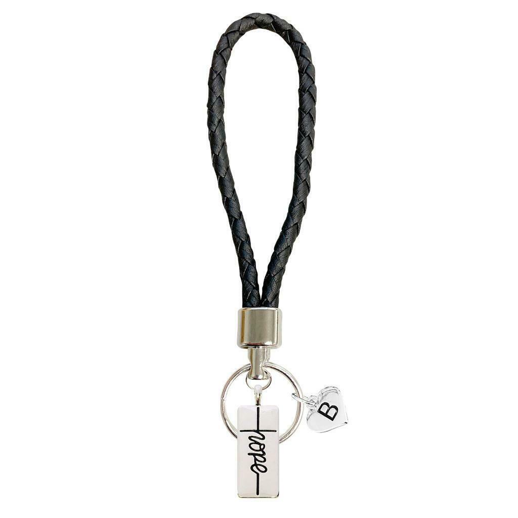 Custom Hope Cross Silver Rectangle Charm Black Leather Key Chain Choose Initial