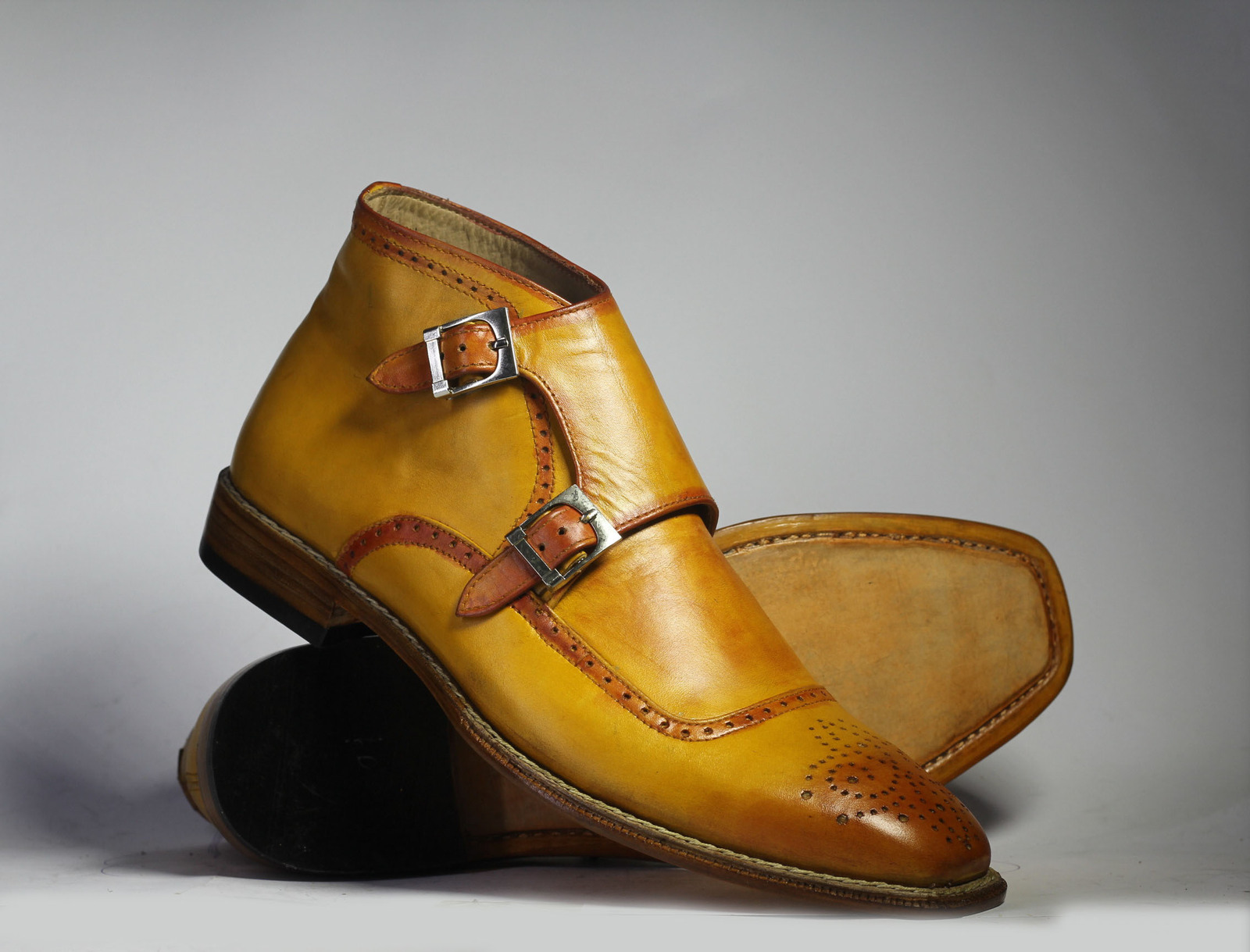 Handmade Men's Tan Leather Boots, Men Brogue Double Monk Dress Fashion Boots