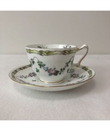 Crown Staffordshire Bone China Teacup &amp; Saucer Pink Roses Green Crisscro... - $14.24