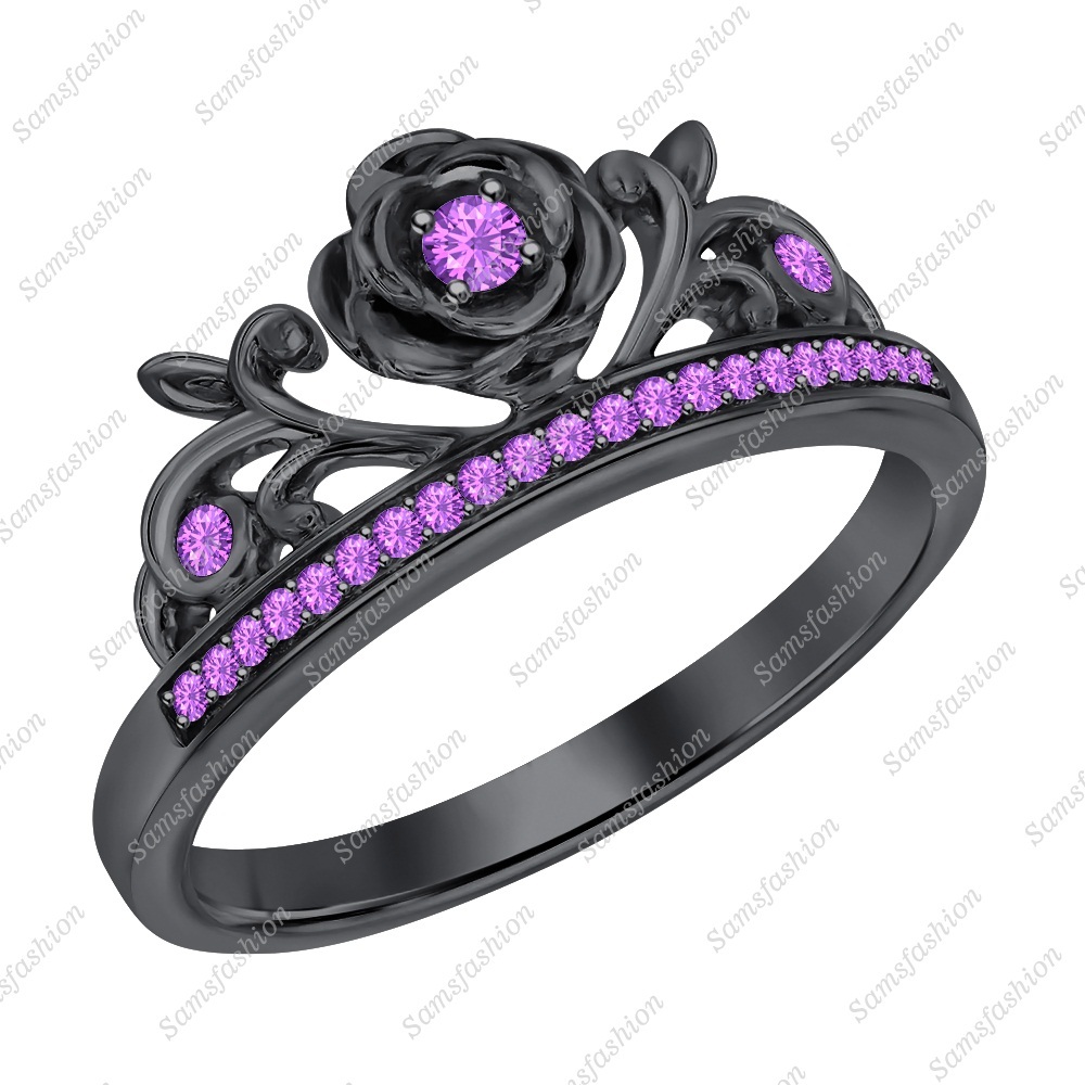 Amethyst 14k Black Gold Over 925 Sterling Silver Rose Flower Anniversary Ring