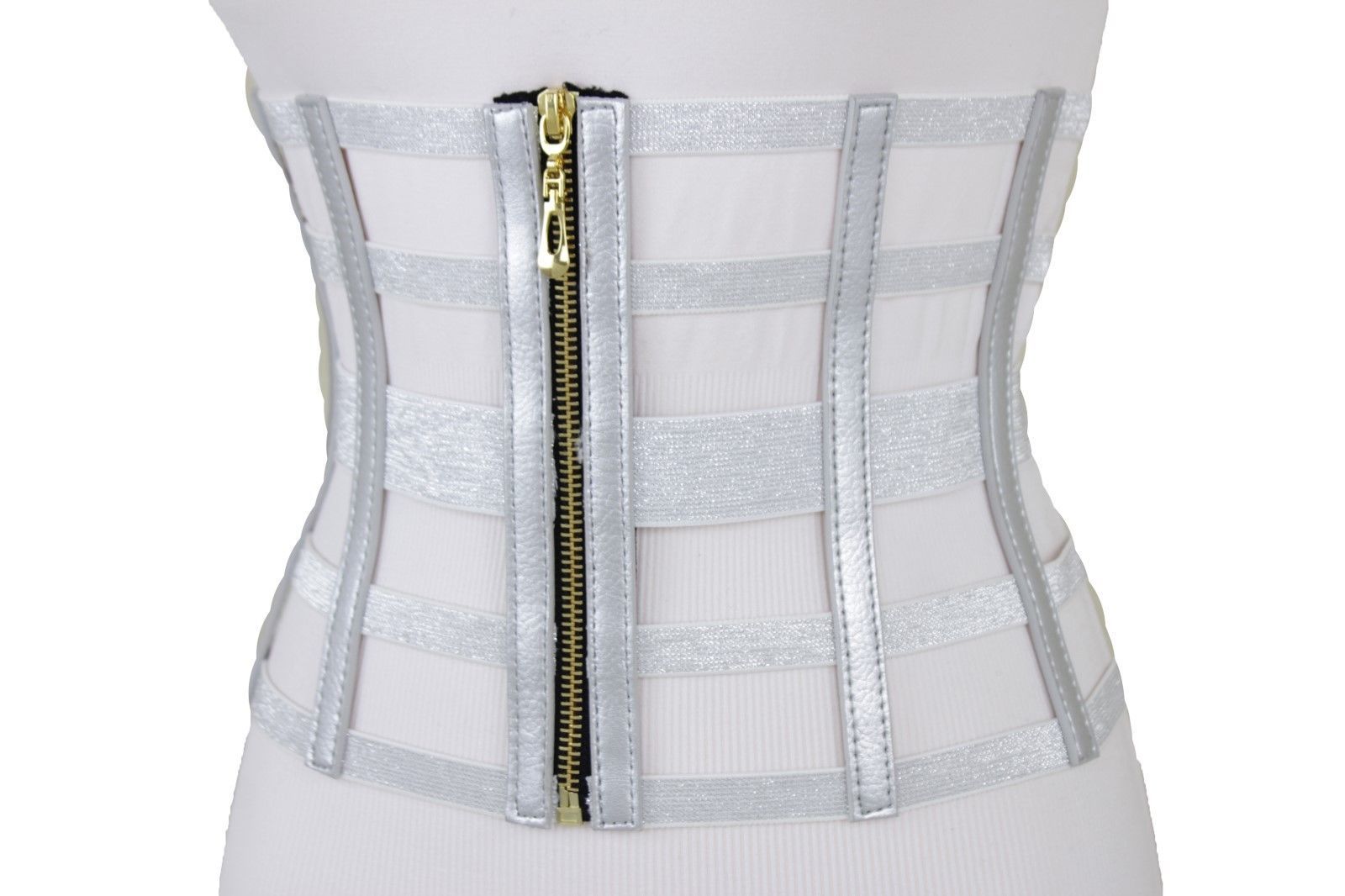 Women Wide Metallic Silver Western Elastic Slimming Corset Belt Waist
