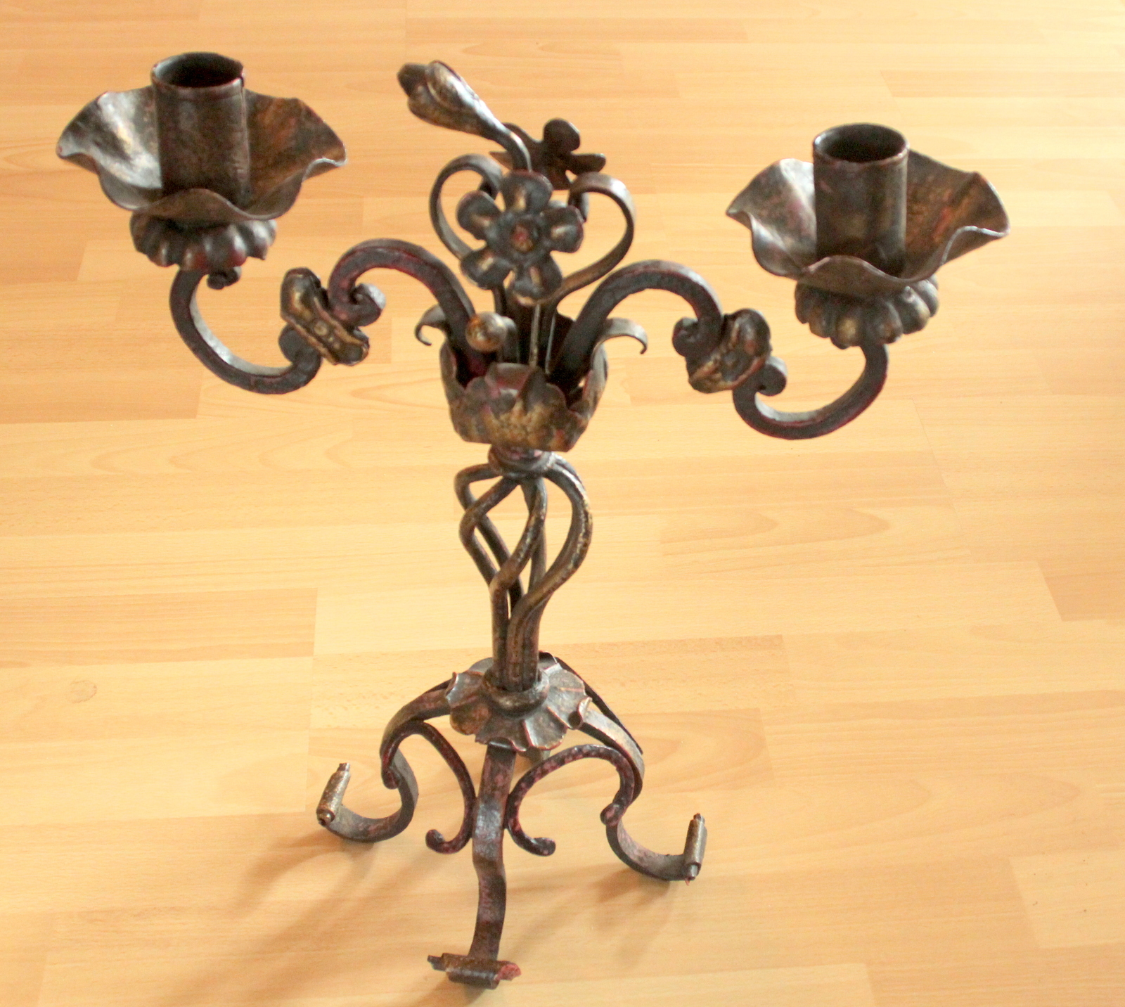 1950s Handmade heavy wrought iron candle holder living room art