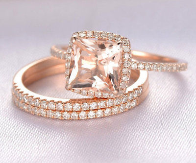 2 Carat Morganite & Diamond Trio Wedding Ring Set 14K Rose Gold Over Silver