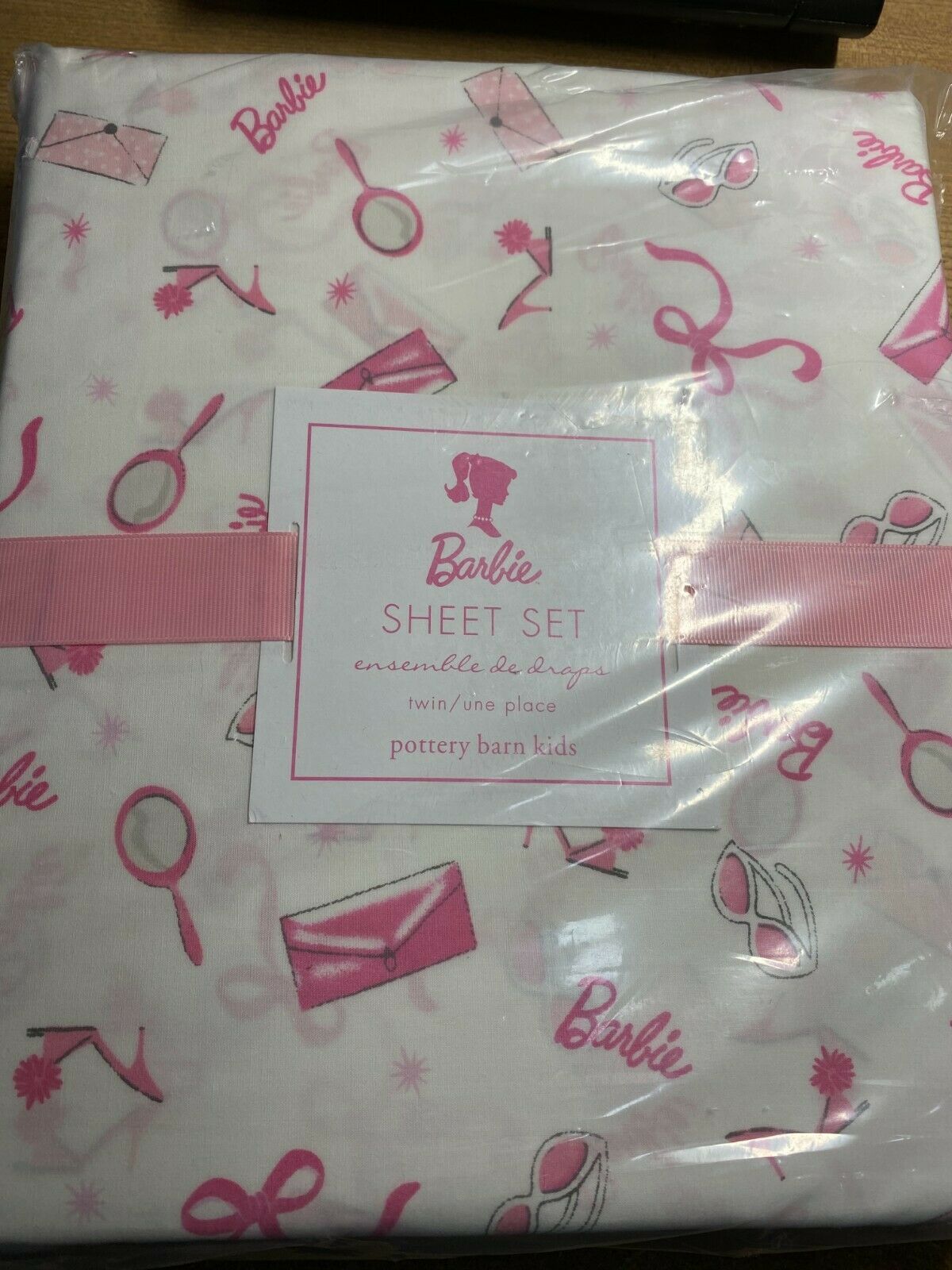 New Pottery Barn Kids Barbie Twin Size Sheet Set Organic Cotton Pink White Girl - $125.00
