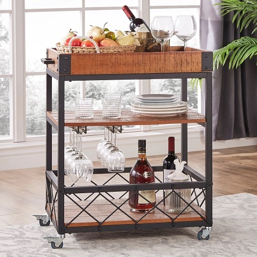 Rustic Bar Cart Brown Mobile Metal Wood Removable Tray Metal Home ...