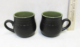 Pair Set 2 Vintage Coffee Cups Mugs Stoneware Black &amp; Green w/ Floral Fl... - $8.90